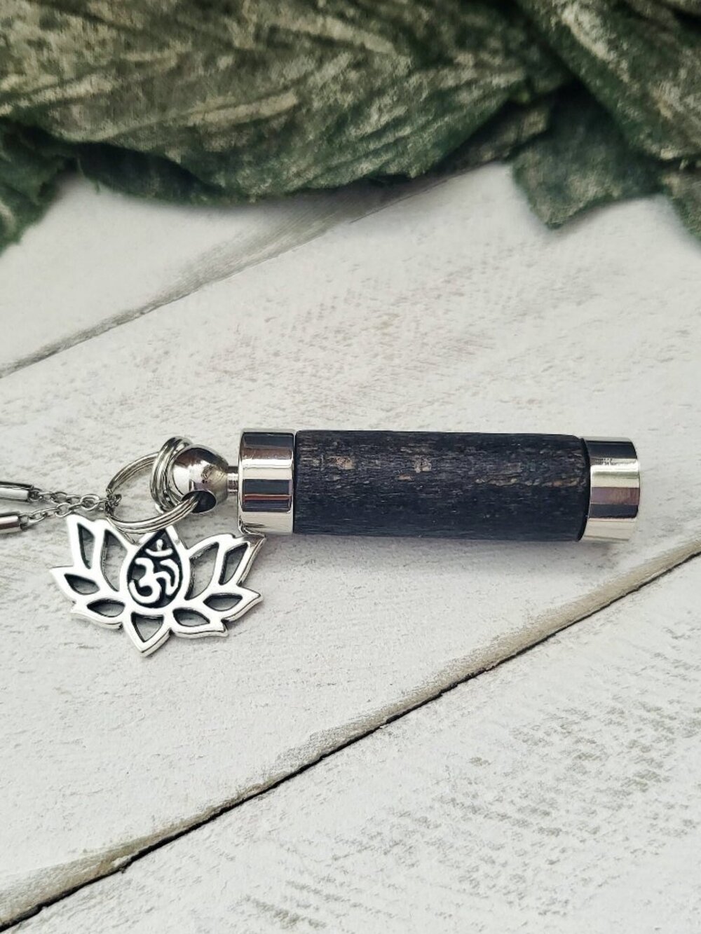 BLACK WOOD Necklace Stainless Steel Cylinder Capsule Lotus Om Charm Chain OS